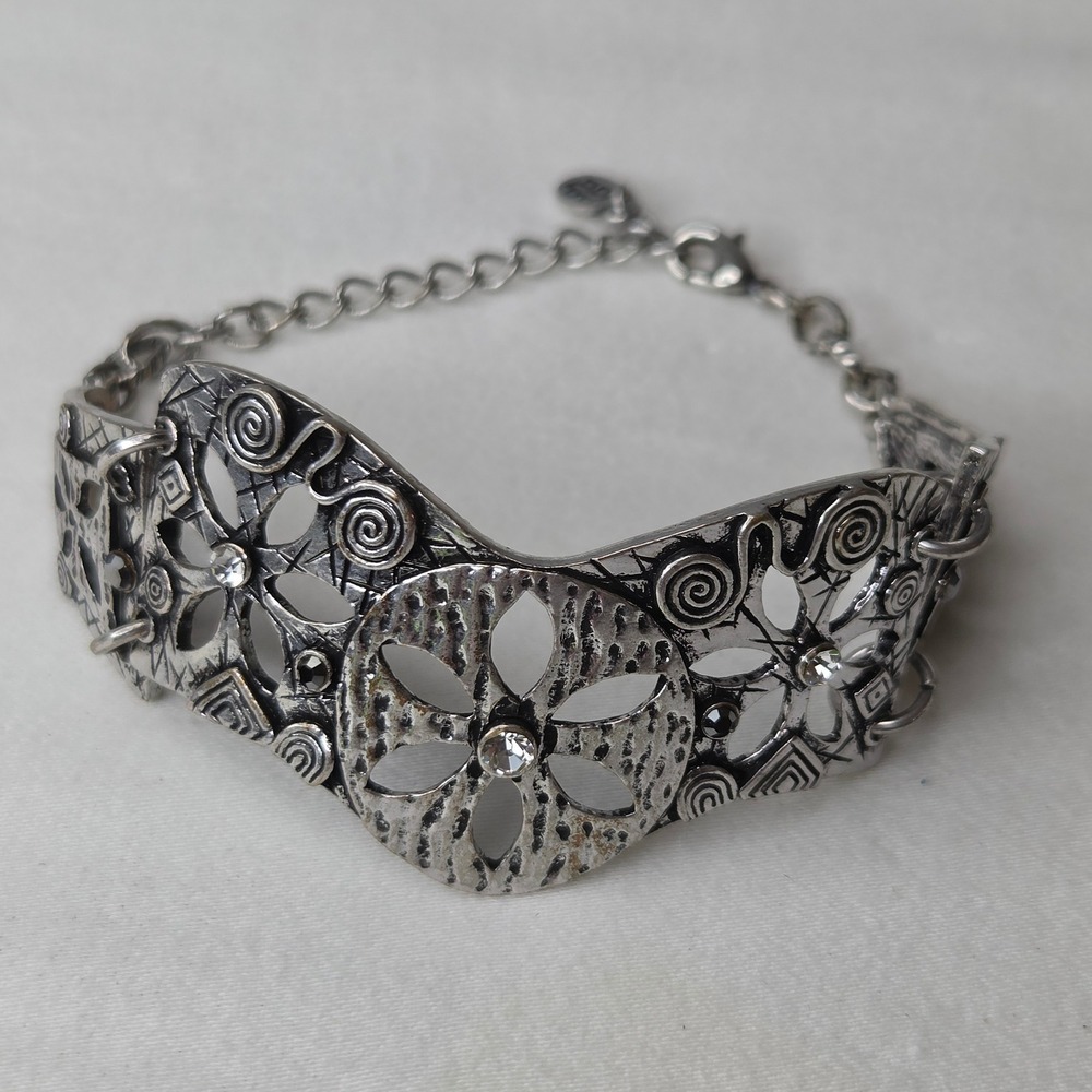 Silver Tone Filigree Floral Swirl Rhinestone Boho Cuff Chain Statement Bracelet